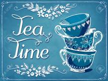 Invitation to the tea party. Retro illustration Tea Time with cu